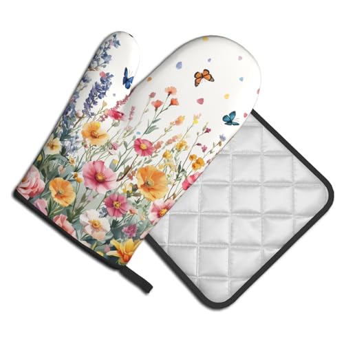 Giwawa Spring Flower Oven Mitts and Pot Holder Kitchen Accessories Sets Botanical Floral Heat Resistant BBQ Cooking Oven Gloves Washable Hot Pads - color: Botanical Floral