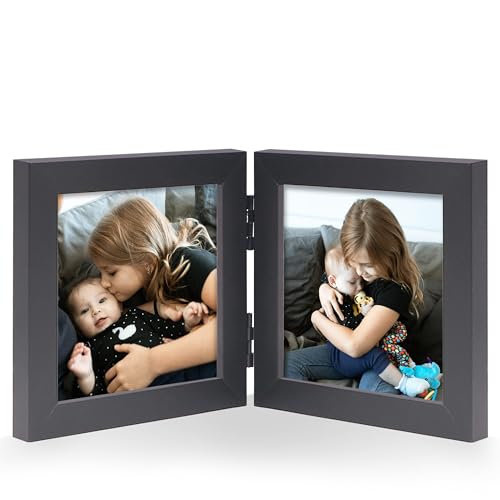 4x4 Square Double Picture Frame, Black Clean-Lined Wood Frame | Foldable hinged design, holds two 4 x 4 photos, 3.5x3.5 visible openings for tabletop or wall display - color: Black, size: 2-4x4