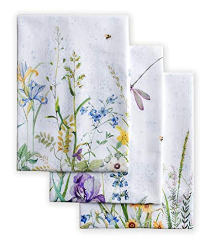 Maison d' Hermine Kitchen Towels Set of 3 Reusable 100% Cotton 27.50" x 20" | Cloth Tea Dish Towels Absorbent with Hanging Loop for Kitchen Dining Party Wedding Hotel Home Spring Summer - Fleurs De Mai - color: 004 - Fleurs De Mai