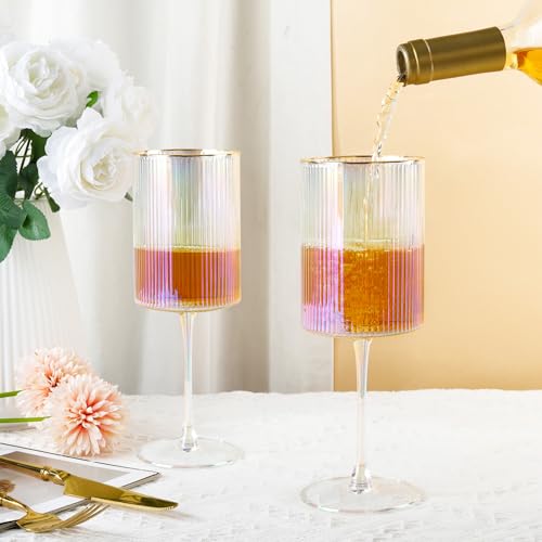 Joeyan Iridescent Gold Rim Ribbed Wine Glasses Set of 2, 17oz Square Hand Blown Crystal Red White Wine Glasses, Rainbow Stemmed Drinking Glass Goblet, Gift for Birthday Wedding Anniversary Christmas - color: Iridescent wine glasses
