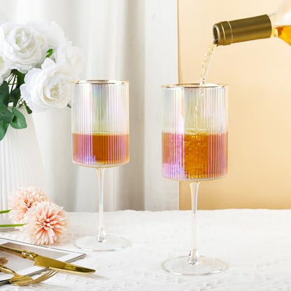 Joeyan Iridescent Gold Rim Ribbed Wine Glasses Set of 2, 17oz Square Hand Blown Crystal Red White Wine Glasses, Rainbow Stemmed Drinking Glass Goblet, Gift for Birthday Wedding Anniversary Christmas - color: Iridescent wine glasses