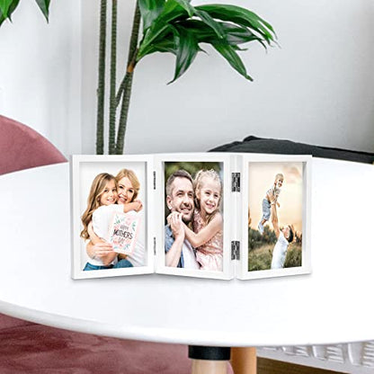 WUTL 3 Picture Frame Triple Collage 4x6 Frames with Real Glass White | Trifold Photo Frame, Hinged Foldable, Crystal Clear Real Glass - color: White, size: 4x6