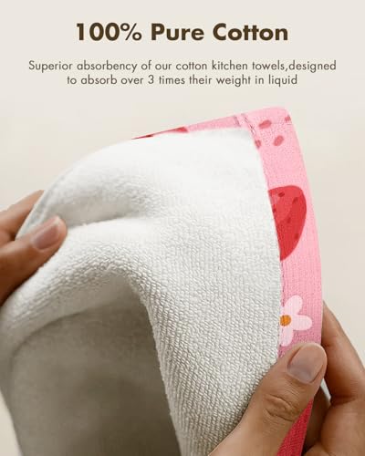 2pcs Cotton Waffle Kitchen Towels, Strawberry | Waffle Weave, Terry Cloth, Pure Cotton, Sustainable, 16"x26", Highly Absorbent, with Hanging Loop, Giftable Package - color: Strawberry