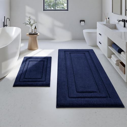 HOMEIDEAS 2 Pieces Large Bathroom Rug, Super Soft and Absorbent Long Rugs, Non Slip and Microfiber Bath Mat for Bathroom Decor (20"x47"+16" x 24", Navy Blue) - color: Loop- Navy Blue, size: 1'4" x 3'11" (16"x24"+20"x47")