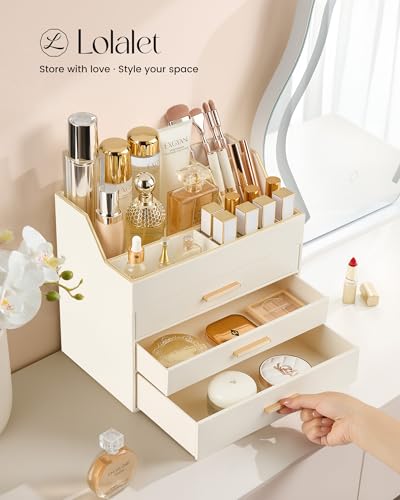 Lolalet Makeup Organizer for Vanity Desk, 4-Layer PU Leather Luxury Make Up Storage Cosmetics Holder Box with Drawers -Beige - size: 4-Layer
