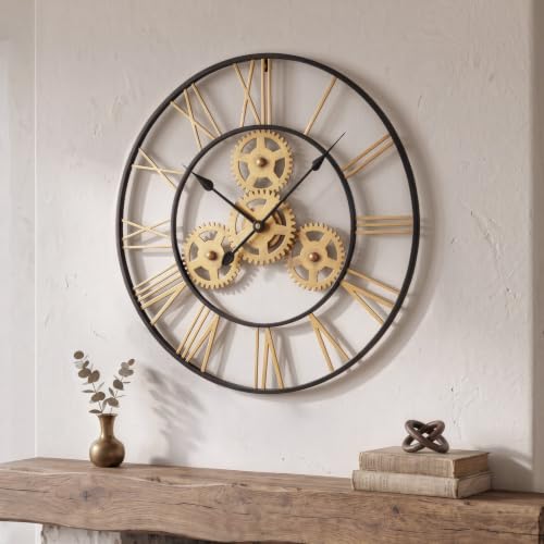 Cuspin 24 Inch Wall Clock Black Gold Industrial Metal Gear Decorative Clock | Silent non ticking, battery operated, decorative gear design, Roman numerals, round metal frame, living room decor - color: Black Gold Gear Roman, size: 24 Inch
