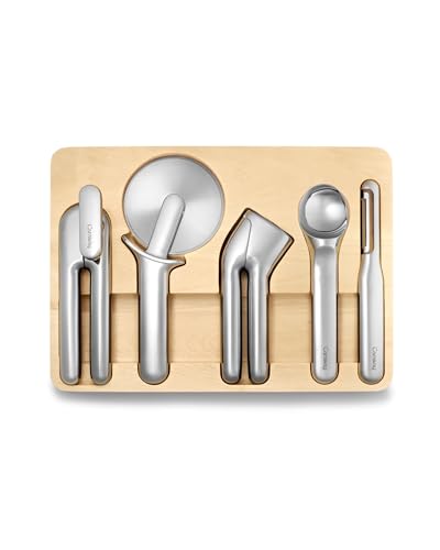 Caraway 5-Piece Stainless Steel Kitchen Gadget Set | Can Opener, Pizza Cutter, Garlic Press, Ice Cream Scoop, Vegetable Peeler, and Storage Organizer, Kitchen Essentials