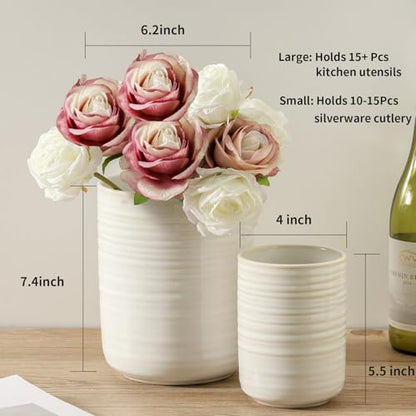 HASENSE Cooking Utensil Holder, 7.4"+5.5" Ceramic Kitchen Utensil Holder for Counter, Rustic Utensil Oganizer Crocks for Spatula, Ice Bucket Gift for Dad, Set of 2, Clay-Infused White - color: Clay-Infused White(2 pcs)