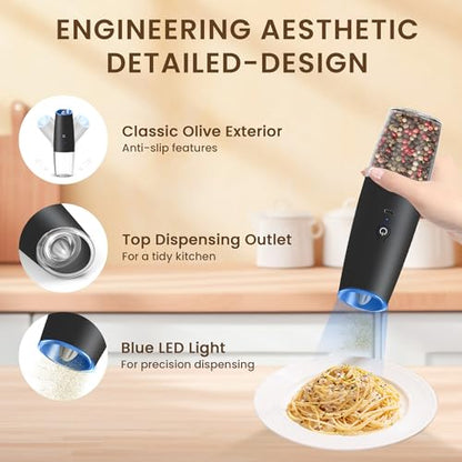 Rechargeable Gravity Salt Pepper Grinder Set, 2 Pack (Black) | Gravity Automatic Grinder With LED Light & Adjustable Roughness, Rechargeable Seasoning Tool For Kitchen Use - color: Rechargeable/Set/Black