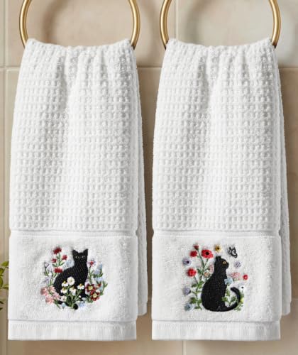 Cotton Embroidered Hand Towels for Bathroom Set of 2, Floral Cat | Quick-Dry Waffle Weave, Terry Cloth, 16x26 Absorbent Decorative Towel, Farmhouse Decor for Home Kitchen, Guest Bath, Gifts - color: Floral Cat