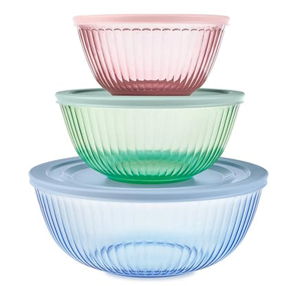 Pyrex Colors (3-Pack) Sculpted Tinted Glass Mixing Bowls with Plastic Lids - color: Pink, Green, Blue, size: 3 Pack, Small/Medium/Large, With Lids