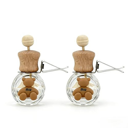 2 Pack Bear Car Vent Clip Diffuser Refillable Empty Glass Bottle | Wood cap glass diffuser with dropper, DIY essential oil freshener for car wardrobe bathroom home - size: Bear-A5 - 2PCS