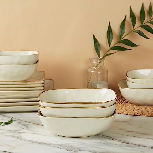 famiware Ocean Pasta Bowls Set of 4, Square 8" Serving Bowl, Vanilla White | Microwave & Dishwasher Safe, Lead-free and Cadmium-free, Stoneware Scratch Resistant Plates Bowls, Serving Bowls - color: Vanilla White