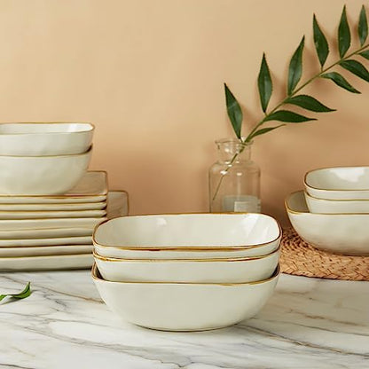 famiware Ocean Pasta Bowls Set of 4, Square 8" Serving Bowl, Vanilla White | Microwave & Dishwasher Safe, Lead-free and Cadmium-free, Stoneware Scratch Resistant Plates Bowls, Serving Bowls - color: Vanilla White