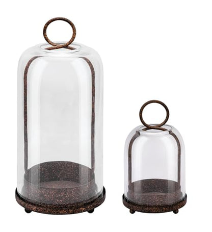5" & 4" Wide Versatile Metal Candle Holder in Rustic Brown with Handmade Thick, Heavy & Sturdy Glass Dome for Pillar Candle, Industrial, Modern, Shelf, Mantel, Veranda, Porch - color: Brown