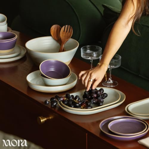 Mora Medium Dishes Set of 4, 35oz Ceramic Pottery Pasta Plate/Wide Bowls - Microwave, Oven and Dishwasher Safe - Horizon - color: Horizon
