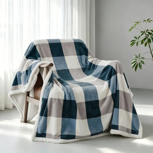 PU MEI Sherpa Fleece Throw Blanket 60" x 80" Reversible Plush Fluffy Large Big Blanket Lattice Flannel Blankets for Sofa Couch Bed (Grey-Soft Blue, 60"*80") - color: Grey-blue, size: 60"*80"