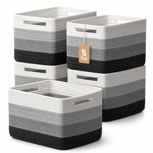 5 Pack Woven Storage Baskets, Decorative Storage Bins for Organizing | 13.8'' × 9.8'' × 7.9'', Cotton Rope Basket Organizer for Closet, Shelves, bathroom, Toys, Books, Pantry, Black/White Ombre - color: White Black Ombre