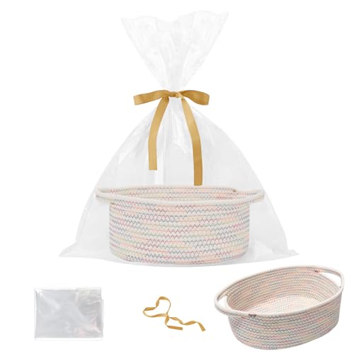 Small Woven Rope Basket,Baby Gift Basket with Bag & Ribbon | Cotton rope with handle, 12x8x5 in, gift bag and ribbon, for baby shower, birthday, toy storage, nursery, shelf decor - color: Colorful Thread