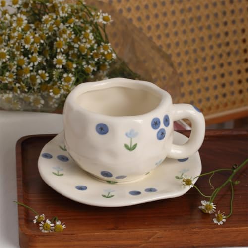 TREEWOO Hand Painted Blueberry Ceramic Coffee Cup and Saucer Set, 250ml/8 oz, Korean Style, Hand Pinched Irregular Cappuccino Latte Tea Cup - color: Blueberry