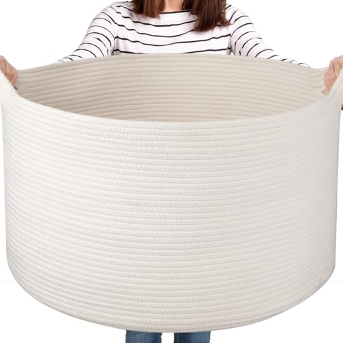 OIASKET Large Woven Baskets for Storage, 22.8" x 22.8" x 13" Blanket Storage Living Room, Baby Toy Basket for Clothes, Pillows, Towels, Shoe Basket for Entryway (White) - color: White, size: 90L