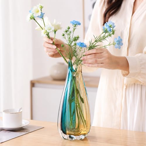 Hand Blown Glass Vase, Medium Wide Mouth Flower Vase Unique Modern Turquoise Glass Art Decor, Nonbreakable Vases for Table Centerpieces Living Room Decorative Amber and Teal Vase - size: Tall