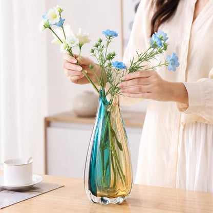 Hand Blown Glass Vase, Medium Wide Mouth Flower Vase Unique Modern Turquoise Glass Art Decor, Nonbreakable Vases for Table Centerpieces Living Room Decorative Amber and Teal Vase - size: Tall