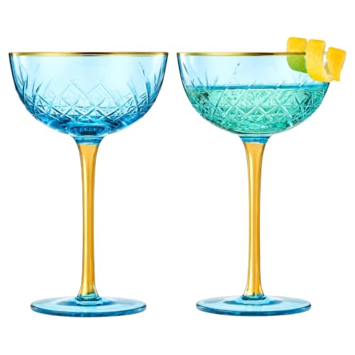 Vintage Art Deco Coupe for Champagne, Martini, Cocktails | Set of 2 | 7 oz Classic Cocktail Glassware - Manhattan, Cosmopolitan, Sidecar, Crystal Speakeasy Style Saucer Goblets with Stems (Blue) - color: Coupe Blue, size: Set of 2