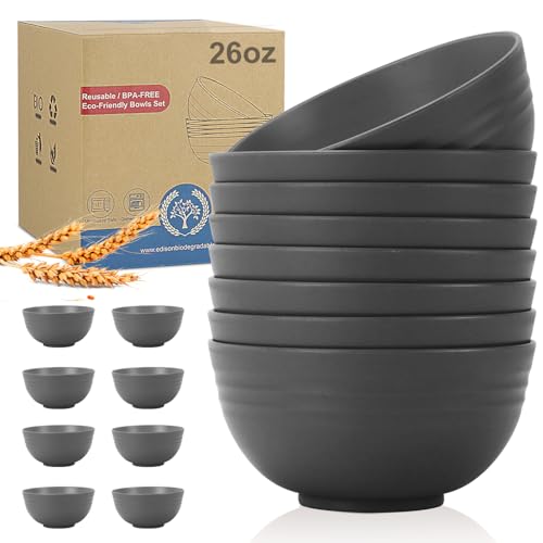 Wheat Straw Bowl Sets for Camping,8 PCS Unbreakable Cereal Bowls 26 OZ,Microwave and Dishwasher Safe Bowls,Kids Bowl suitable for cereal,salad,snack and soup (Deep Grey) - color: Deep Grey, size: 26 oz