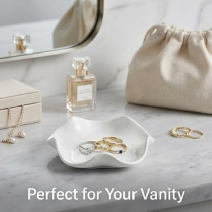 Elegant 5.3" White Ceramic Trinket Tray & Ring Holder Dish – Unique Wavy Decor, Jewelry Catchall, & Small Present for Mom, Sister, or Best Friend | Modern Vanity Accessory