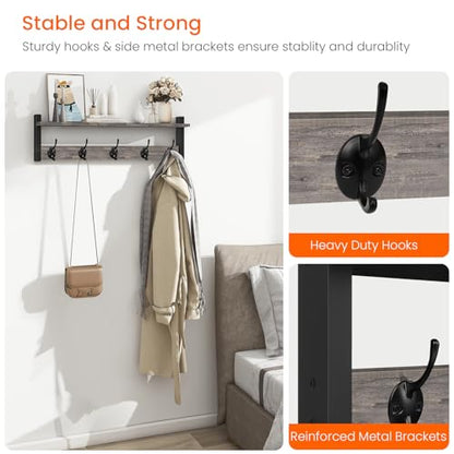 Wall Hooks With Shelf, 24 Inch Coat Rack Wall Mount for Entryway, Clothes, Backpack, Key, Purse - Floating Shelf Hanging in Bathroom, Bedroom, Hallway, Rustic Grey - color: Rustic Grey, size: 24 Inch Long