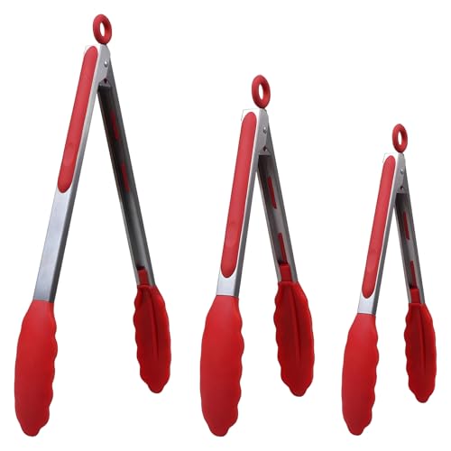 Kitchen Tongs for Cooking w Non-Stick Silicone Tips, 600°F Heat Resistant Silicone Cooking Food Tong Set Heavy Duty Stainless Steel Handle for Baking Grilling BBQ Salad Serving, 7" 9" and 12" - color: Red, size: 3Pcs, 7+9+12 Inch