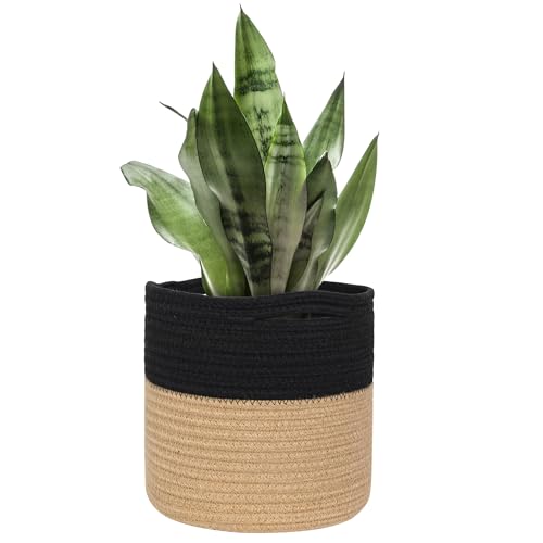 Wicker Plant Basket Indoor, 8"x8"x8" Jute Spliced Cotton Rope Basket Planter up to 7" Pot, Modern Woven Flower Tree Pots Cover, Small Floor Indoor Planters, Home Decor Storage Bin - color: Black and Jute, size: 8"x8"