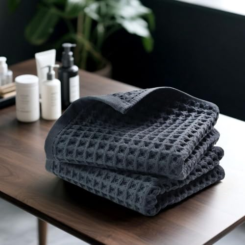 Jacquotha Waffle Hand Towels for Bathroom 2-Piece (Charcoal Blue) | Cotton Quick Dry Lint Free Face Towels 13” x 29” - color: Charcoal Blue