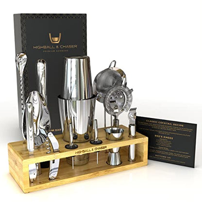Highball & Chaser 13-Piece Boston Cocktail Shaker Set Stainless Steel Mixology Bartender Kit With Stand For Home Bar Cocktail Set | Laser Engraved Cocktail Tools | Plus E-Book with 30 Cocktail Recipes - color: Natural
