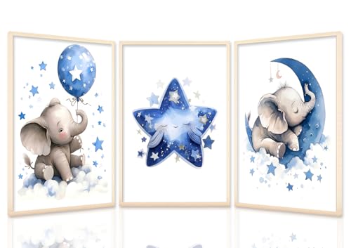 HNNXAR Elephant Nursery Wall Decor,Blue Moon And Stars Picture Painting,Baby Girl Room Decor,Nursery Canvas Wall Art,Cute Animal Poster Prints Set of 3 For Baby Girls Boy Bedroom 12x16 Unframed - color: Blue Elephant, size: 12"x16" Poster