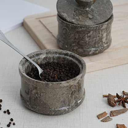Radicaln Salt & Pepper Bowl – 5” Handmade Marble Oceanic Dual Salt Cellar With Lid – 2” Each Brown Sugar Keeper Spice Herbs Container Kitchen Accessories - color: Oceanic
