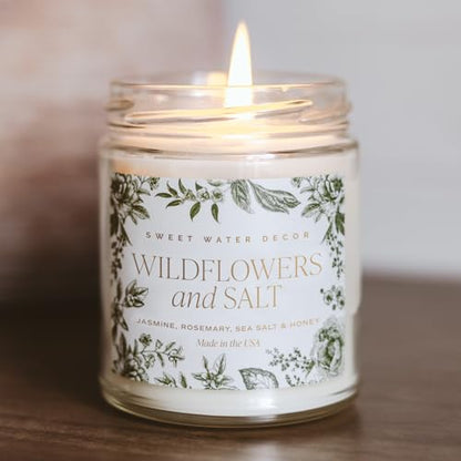 Sweet Water Decor Wildflowers and Salt Patterned Candle – Soy Candles with Rosemary, Lily, Honey, Violet, Amber, Musk Aroma– 40 Hour Burn – 9oz Clear Glass Jar – Ideal for Valentines Presents - style: Wildflowers and Salt