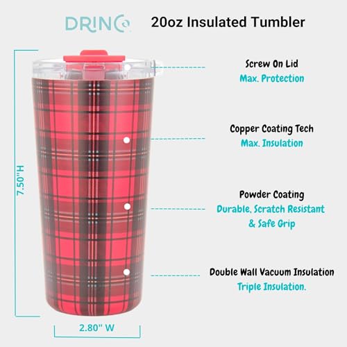 Drinco - 20 oz Stainless Steel Tumbler | Double Walled Vacuum Insulated Mug With Lid, 2 Straws, For Hot & Cold Drinks (20oz Tartan Plaid) - color: 20oz Tartan Plaid