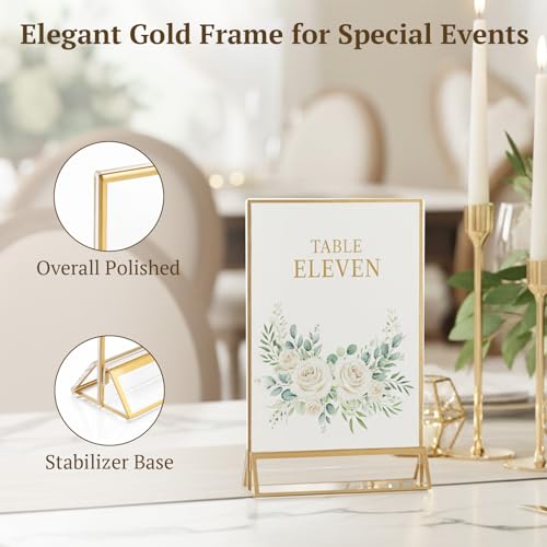 EHWINE 6 Pack Acrylic Sign Holder 4 x 6, Double Sided Gold Picture Frame Stand up Table Top Sign Holders, Clear Display Stand Menu Flyer Holder for Wedding Party