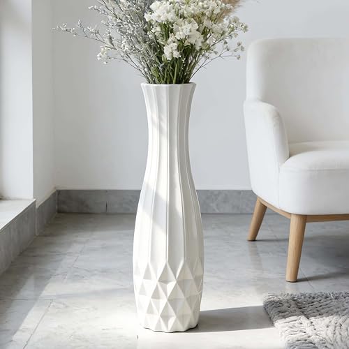 White Tall Ceramic Floor Vase, 28 Inch, Flared Geometric Design | Glossy Glazed Finish, Spacious Rooms, Statement Corners, Fireplace, Dried Branches - color: Shape 2, size: 28 Inch -