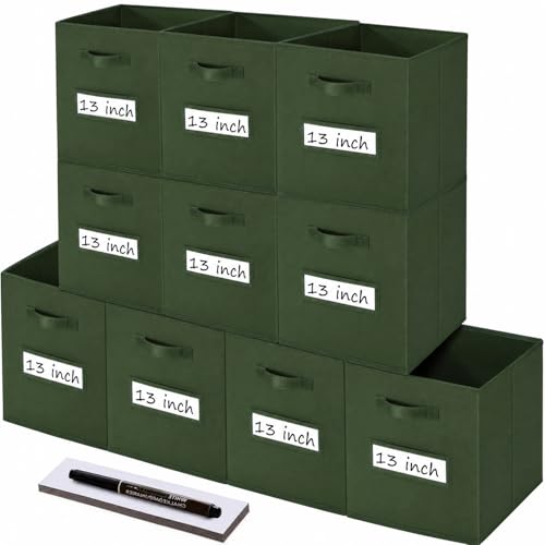 Storage Bins,13" Cube Storage Bin with Labels,10pcs,Dark Green | Fabric Storage Cubes for Shelves,13 Inch storage cube bins with 10 Labels Window Cards & a Pen. - color: Dark Green, size: 13"