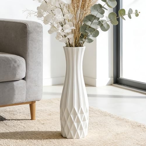 White Tall Ceramic Floor Vase, 17.7 Inch, Flared Geometric Design | Glossy Glazed Finish, Narrow Corners, Entryway, Bedroom, Compact Spaces - color: Shape 2, size: 17.7 Inch