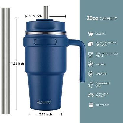 20 oz Insulated Travel Coffee Mug Tumbler with Handle and Straw | Leakproof Stainless Steel Coffee Cup with Lid, Double Wall Vacuum Ice Thermal Cup, Navy, 2 Pack - color: .Navy, size: 2 Count (20 oz)