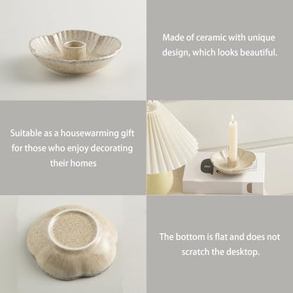Ceramic Taper Candle Holder, Candlestick Holder with Tray Base | Stable round tray base helps hold taper candles securely while the polished ceramic finish adds a clean decorative look. - color: Camel