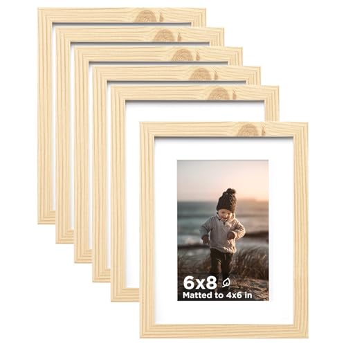6x8 Picture Frame Wood Grain Set of 6 Photo Frames Matted 4x6 | 6 x 8 Wooden Picture Frame with Plexiglass Fits 4x6 with Mat or 6x8 without Mat for Table and Wall Display - color: Wood Grain, size: 6x8