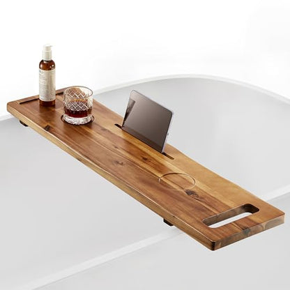 TINAMO 39" L Acacia Wood Bathtub Tray with Adjustable Width & Phone Slots | Adjustable Feet, 39" x 9.75" x 2.5", Phone & Drink Holders, Easy Assembly, Spacious Storage, Fits Most Tubs, Side Handle - color: Acacia, size: 39" x 9.8" x 2.5"