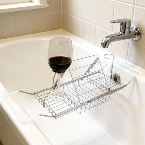 Bathtub Caddy Tray, Expandable Bath Tub Table with Removable Book Holder Red Wine Rack Holder, for Home Kitchen Bathroom, Sliver - color: Sliver