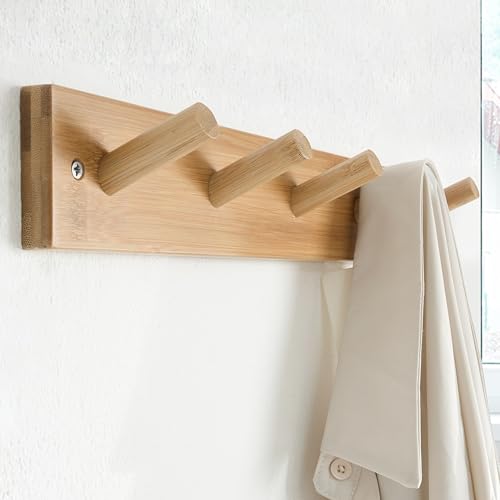 SKOLOO Coat Rack Wall Mount 17 inch, 5 Hooks, Bamboo, Shaker Style, Natural | Wooden hooks for wall, painted finish, 100-lb cap, entry/bath/bed, hanging backpack coat towel hat, 16" stud spacing - color: Bamboo Gold, size: 17 inch