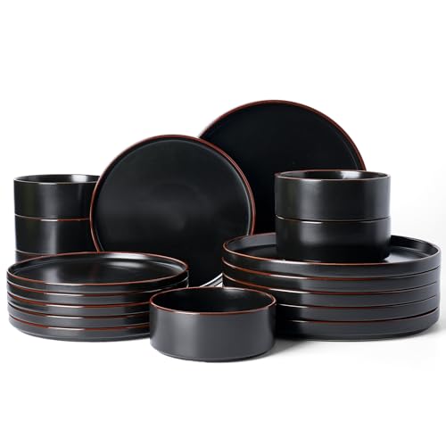 Famiware Nebula Ridge 18-Piece Stoneware Dinnerware Set, Matte Black | Plates and Bowls for 6, Warm Hand-Painted Rims, Microwave and Dishwasher Safe, Daily Essentials - color: Matte Black, size: Service for 6 (Standard Dinner Set)